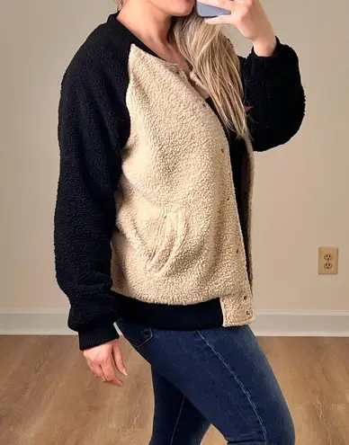 Movint Colorblock Raglan Sleeve Fleece Bomber Jacket L Black Tan Teddy Size L