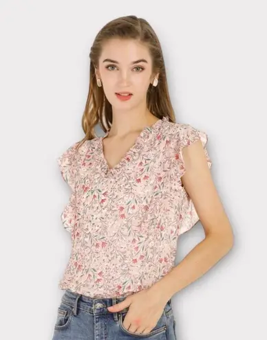 Allegra K New Women's Ruffle Tops Casual V Neck Floral Blouse Pink X-Small