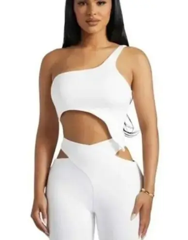 Naked Wardrobe Womens Smooth Side Crop Top Asymmetric One Shoulder White L