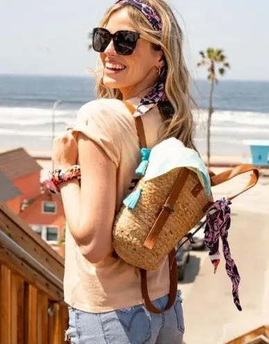 NWT XIX PALMS Shorebreak Picnic Cooler Bag Backpack Woven Straw Boho Bag Tan