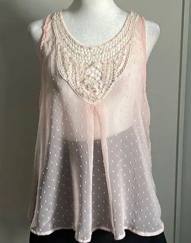 Romantic Sheer Pale Pink Crochet Scoop Neckline Textured Tank Top