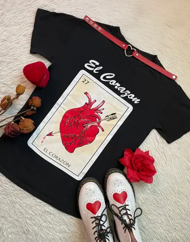 El corazón heart loteria card Mexican bingo graphic tee Black