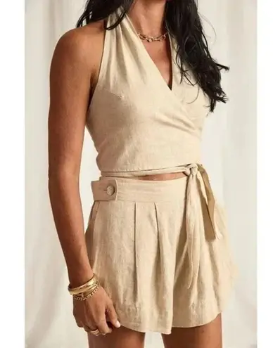 Free the Label Florence High Waisted Linen Wide Leg Shorts Pockets S Olive Green