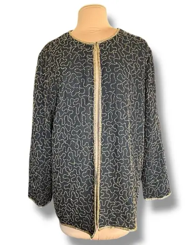 Vintage 90s Black Beaded Jacket Plus Size Metallic Gold Sequin Partywear Evening