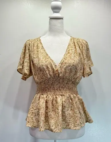 Ambiance Boho Dainty Floral Low V Neck Smocked Waist Flutter Sleeve Blouse Size L