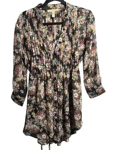 Whimsigoth Sheer Floral Black Mini Dress Tunic Pleated Waist Tie V Neck Fairy S