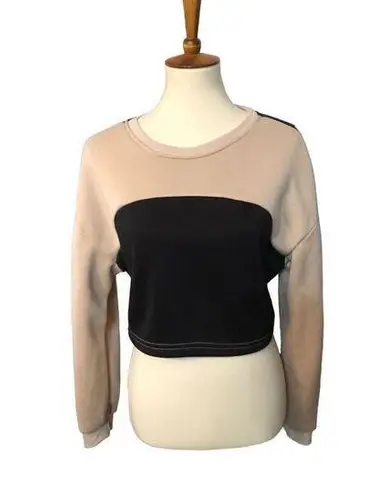 SheIn  black and tan color block fleece cropped long sleeve sweatshirt