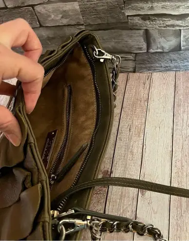 BE & D
Stud Embellished Leather Ruffle Bag, olive green with silver hardware