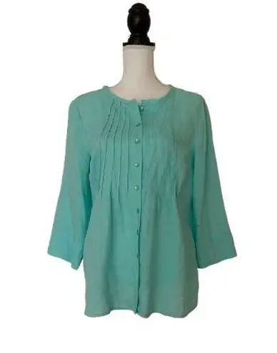 CHOiES Vtg Choices Women’s Linen Teal Blue 3/4 Sleeve Button Front Blouse Top, Sz M
