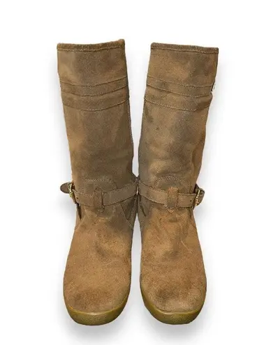 Coach  Tallulah Suede Flat Mid Calf Boots Tan Logo Size 6 B