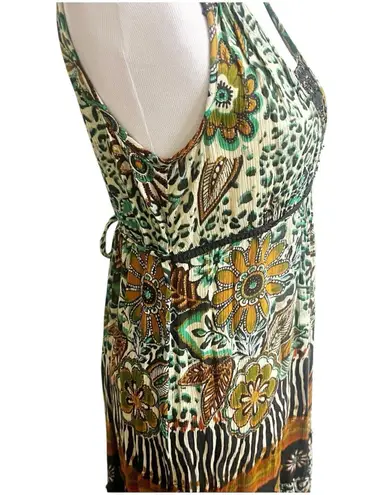 Forbidden Safari Print Dress Midi Size Medium Studded Neckline Tan Black Hippie Brown