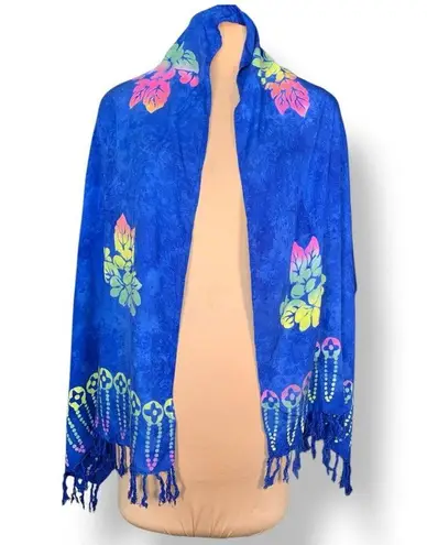 Vintage Pineapple Moon Blue Batik Floral Sarong Wrap Skirt Swim Beach Cover