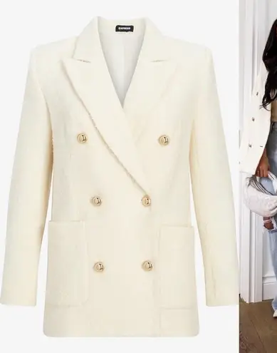 EXPRESS  Wool-Blend Double Breasted Novelty Button Blazer in Ivory & Gold