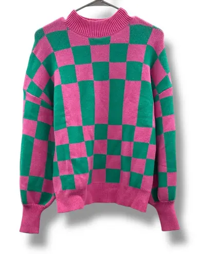 ZESICA Checkerboard Knit Sweater Women’s Size Small Pink Green Pullover Long