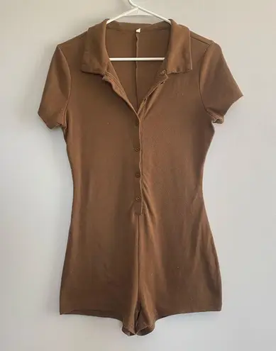 Tan Fitted Bodysuit with Notched Collar Brown Size M