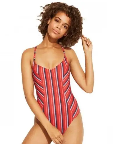 Kona Sol NWOT Red Blue Stripe Lace-Up Back Crisscross One Piece Swimsuit New