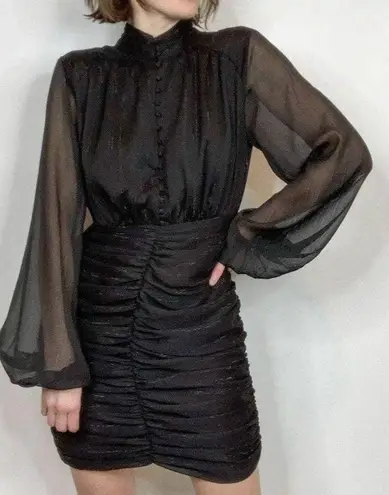 House of Harlow 1960 Lurex Metallic Ruched Mini Black Sheer Sleeves Dress 10