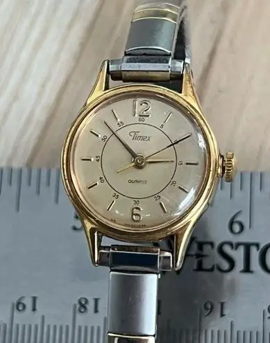 Timex Ladies Watch Vintage Two Tone Stretch Bracelet Gold Tone Dial