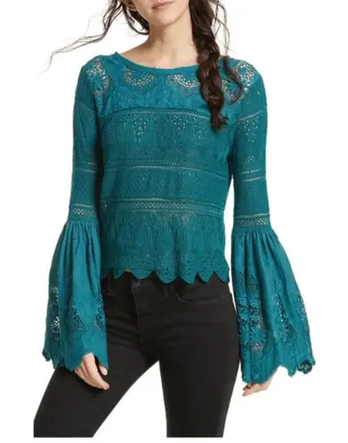 Free People  Once Upon A Time Teal Lace Knit Bell Sleeve Top Fairy Boho