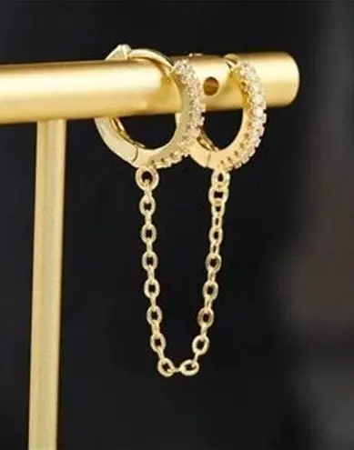 Boho 2 Tiny Double Huggie Hoop Cuffs Tassel Chain Dangle Earrings Gold A0116