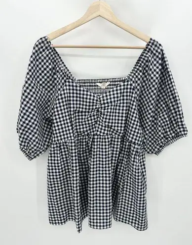 Time And Tru  Top Women 0X NWT Navy Blue White Gingham Short Sleeve Sweetheart