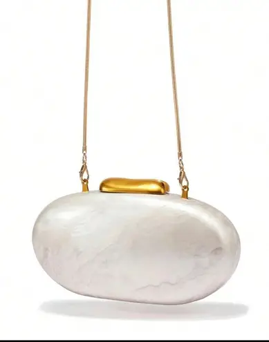 Ivory cream pearl gold accent oval box bag clutch with removable crossbody strap