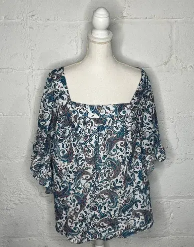 Terra & Sky  Women's Plus Square Neck Peasant Cotton Paisley White Blue Top 4X