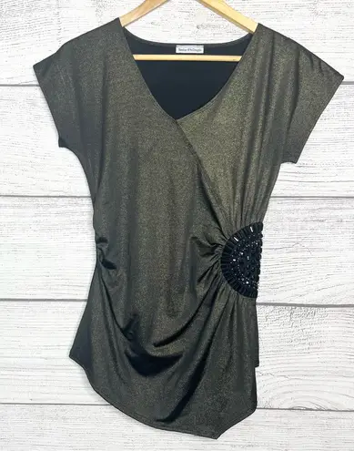 Metallic Bronze & Black Asymmetrical Top w/ Ruching & Beaded Accent Size Large