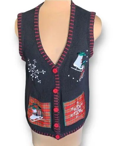 Holiday Editions Black Printed Knit Sweater Vest Festive Embroidery Red Plaid Size L