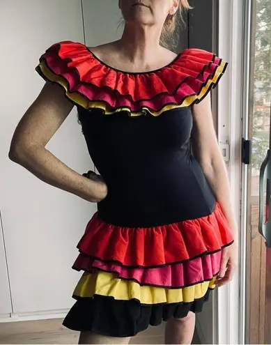 Vintage 80s Ruffle Fiesta Dress Colorblock Tiered Mini Carmen Miranda Vibes Black Size 4