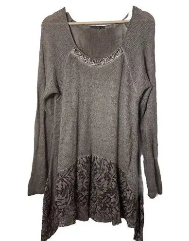 Tempo Paris Temp Paris Sweater Asymmetric Tunic Lace Brown Boho Lagen Witchy Artsy Fairy L