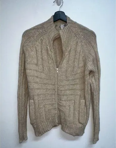 Vintage 70s PQS Womens Wool Full Zip Up Cable Knit Sweater Size L Beige Flaws Size L