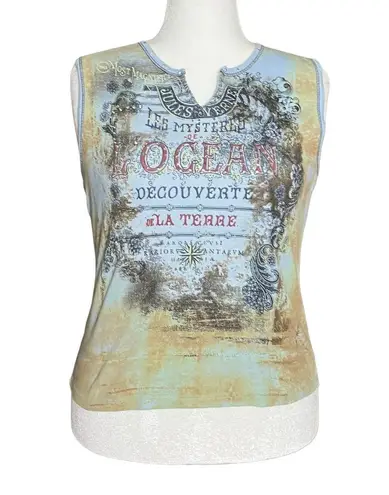 Vintage Y2K Blue Tan Rhinestone Graphic Tank 100% Cotton. Large. Western Artsy