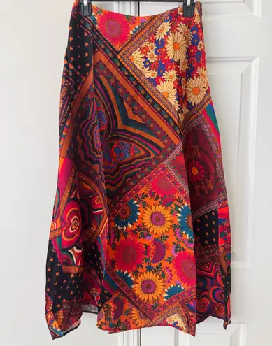 Farm Rio Mixed Prints Satin Slip Midi Skirt, Size S