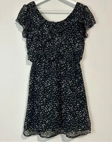belle du jour Women’s Heart Print Ruffle Mini Dress Black White Size Large EUC