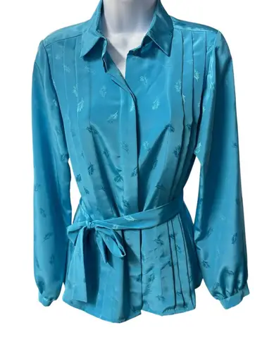 Vintage Feather Print Blouse with Belt Long Sleeve Button Up Top Medium Blue