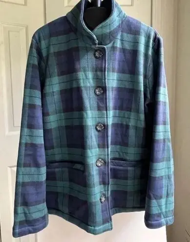 Vermont Country Terry Plaid Fleece Cardigan Sweater Plush Cozy Top Jacket Size M Blue Size M