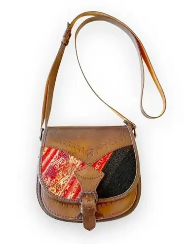 Vintage Leather and Fabric Boho Crossbody Saddlebag Purse Southwestern Cowgirl Brown