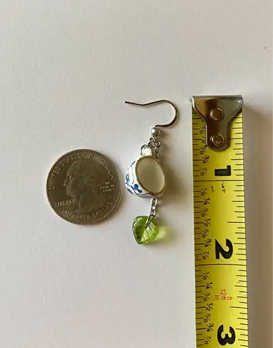 Handmade porcelain tea cup & Czech glass leaf unique fun fairy antique style dangle earrings🫖🍃🌀
