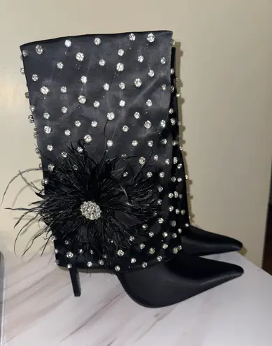 AZALEA WANG Blaise Rhinestone Black Stiletto Mid Calf Booties Size 9 Multi
