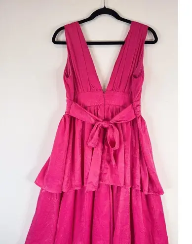 Lulus Dress Hot Pink Peak Party V Neck Layered Bow Tie Midi Barbiecore Large