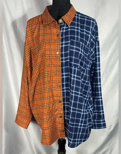Peace Love World Women’s Plaid Button Front Long Sleeve Shacket Orange Blue Sz M