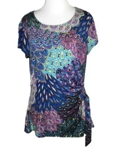 S Levine Blue Multicolor Peacock Short Sleeve Faux Wrap Casual Top M Pink Size M