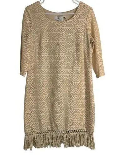 Jody California Dress Womens Large Beige Lace Overlay Midi Fringe Hem USA Made