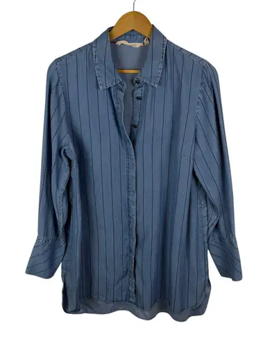 Soft Surroundings Chambray Stripe Button Up Shirt Medium Blue Tunic Soft Relaxed