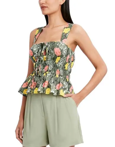 BCBGMAXAZRIA  Floral Peplum Hem Top Women's Green Square Neck Sleeveless Medium