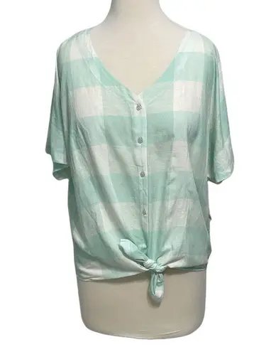 Style & Co . Gingham Tie Front Short Sleeve Button Up Linen Top Mint White Medium