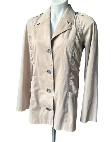 Michael Kors Cream Ruch Detail Short Trench Jacket Back Twist Sash, Sz 8 Tan