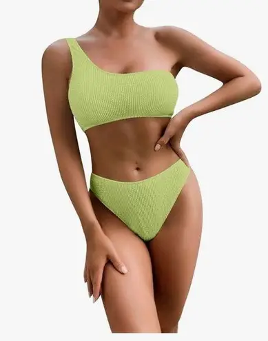 Women's Ribbed Bikini Set One Shoulder Top with Mid Waist Two Piece Size M Green Size M