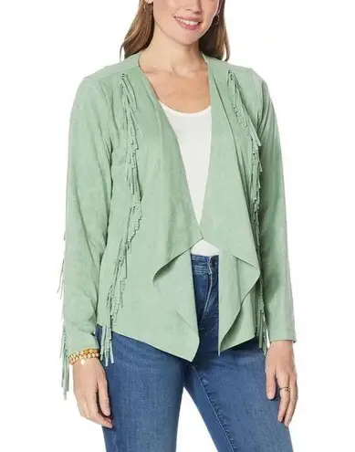 NWT Colleen Lopez Faux Suede Fringe Lightweight Jacket Sage Green Sz S